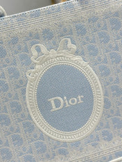 DIOR 26S BOOK TOTE BAG 36 IN LIGHT BLUE AND BEIGE BAYADERE FABRIC