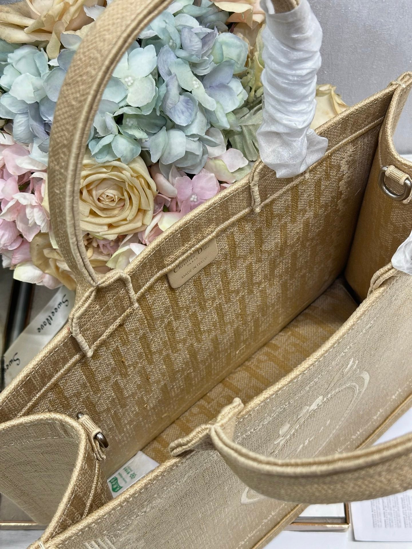 DIOR 26S BOOK TOTE BAG 36 IN BEIGE BAYADERE FABRIC