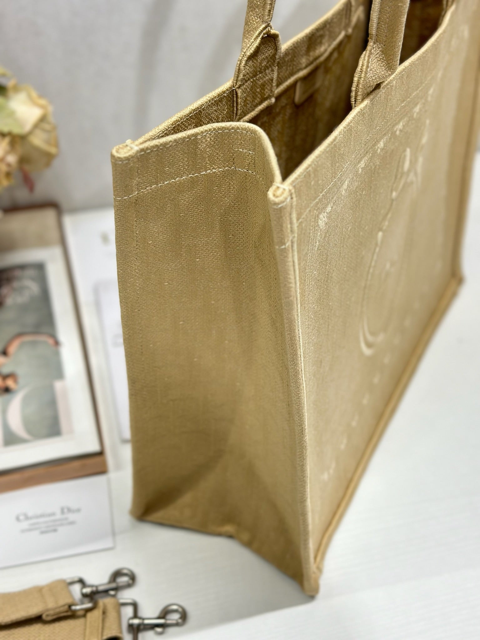 DIOR 26S BOOK TOTE BAG 42 IN BEIGE BAYADERE FABRIC