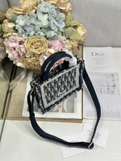 DIOR 26S BOOK TOTE BAG 20 IN NAVY BLUE AND BEIGE FABRIC OBLIQUE FABRIC