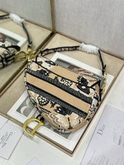 DIOR 26S SADDLE BAG 25 IN BEIGE MIX BLACK WOVEN FABRIC