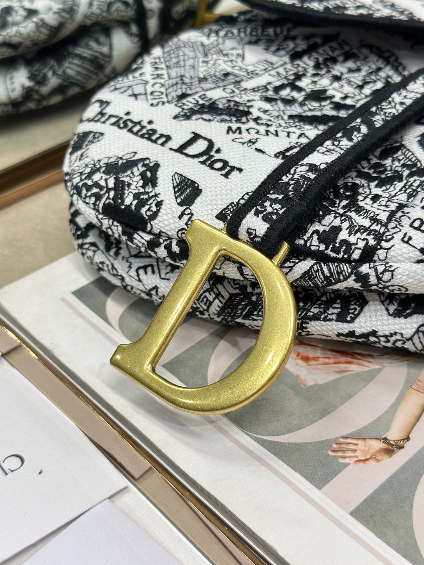 DIOR 26S SADDLE BAG 25 IN WHITE MIX BLACK WOVEN FABRIC