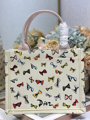 DIOR 26S MINI BOOK TOTE 26 IN BEIGE WHITE BOW PRINT WOVEN FABRIC
