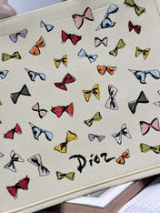 DIOR 26S LARGE BOOK TOTE 42 BEIGE WHITE BOW PRINT WOVEN FABRIC