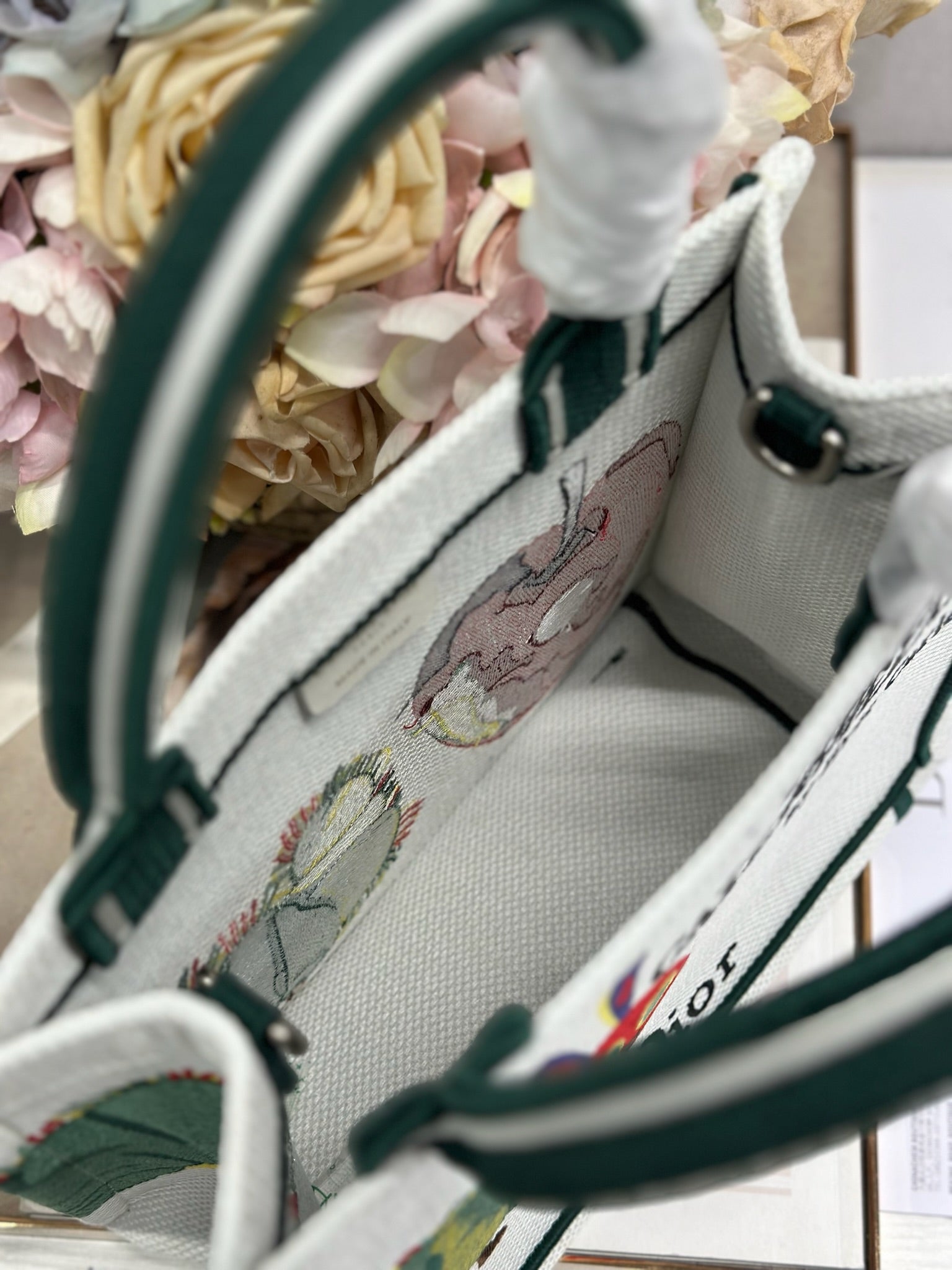 DIOR 26S MINI BOOK TOTE 26 IN CREAM WHITE AND GREEN WOVEN FABRIC