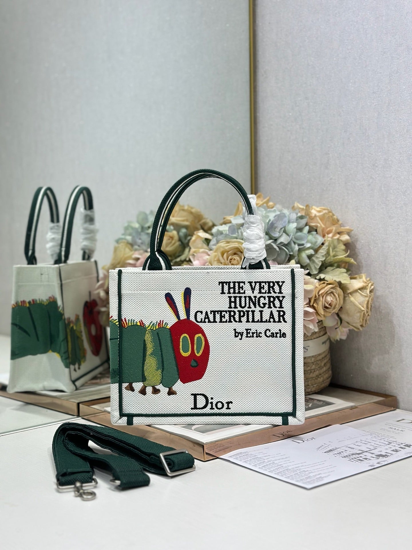 DIOR 26S MINI BOOK TOTE 26 IN CREAM WHITE AND GREEN WOVEN FABRIC