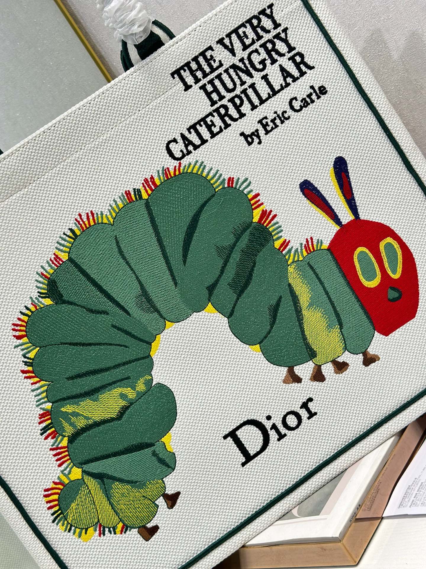 DIOR 26S LARGE BOOK TOTE 42 IN CREAM WHITE AND GREEN WOVEN FABRIC