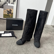 CHANEL 25S HIGH BOOTS 55MM IN BLACK SUEDE AND CANVAS GOLD HARDWARE