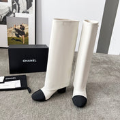 CHANEL 25S HIGH BOOTS 55MM IN IVORY BLACK CALFSKIN AND CANVAS GOLD HARDWARE