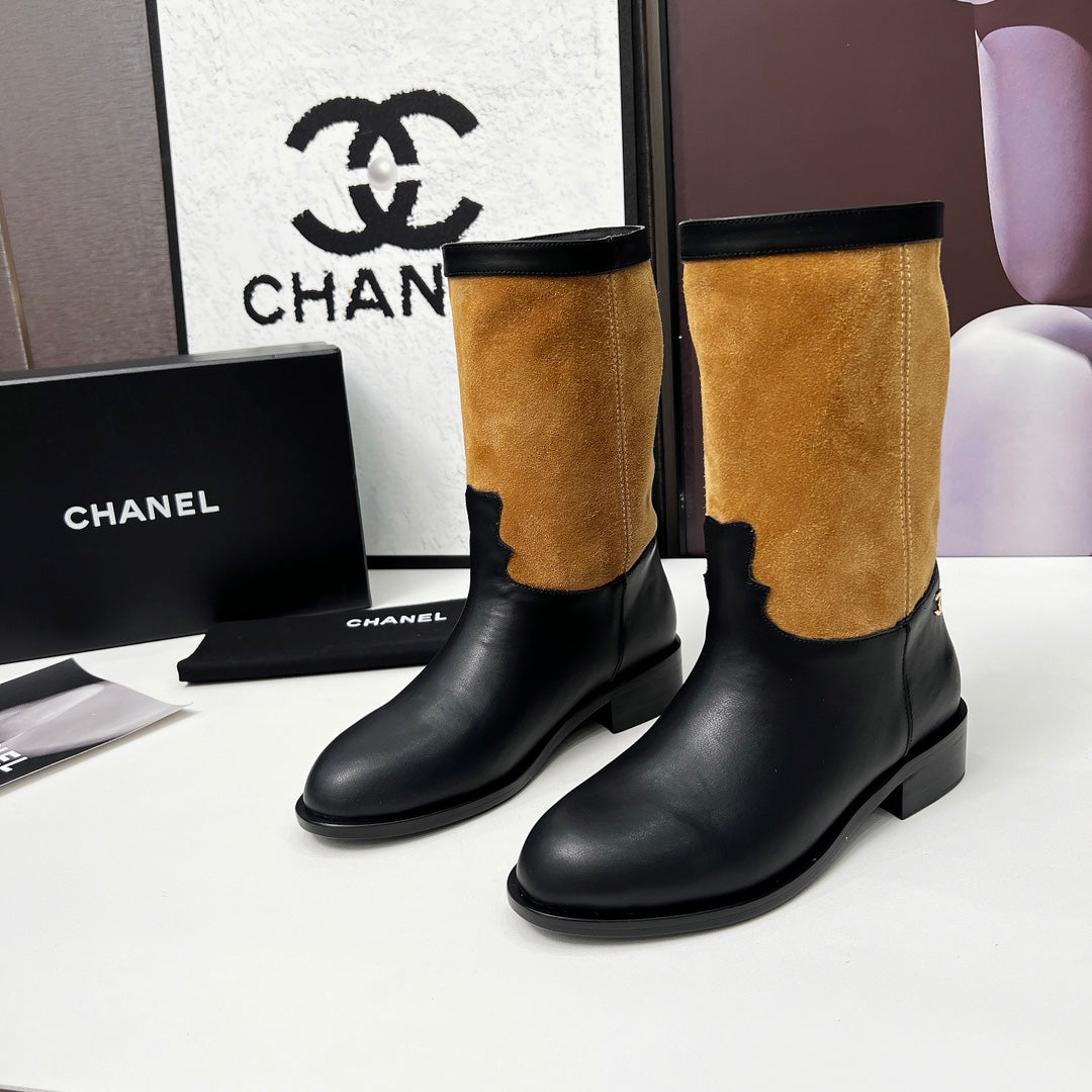CHANEL 25S MID-CALF BOOTS 35MM IN BLACK CALFSKIN AND CARAMEL SUEDE GOLD HARDWRE