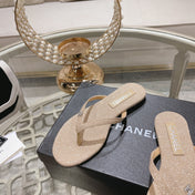 Double CC Rhinestone Flip  Flop Thongs Beige Cream Sheepskin