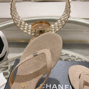 Double CC Rhinestone Flip  Flop Thongs Beige Cream Sheepskin