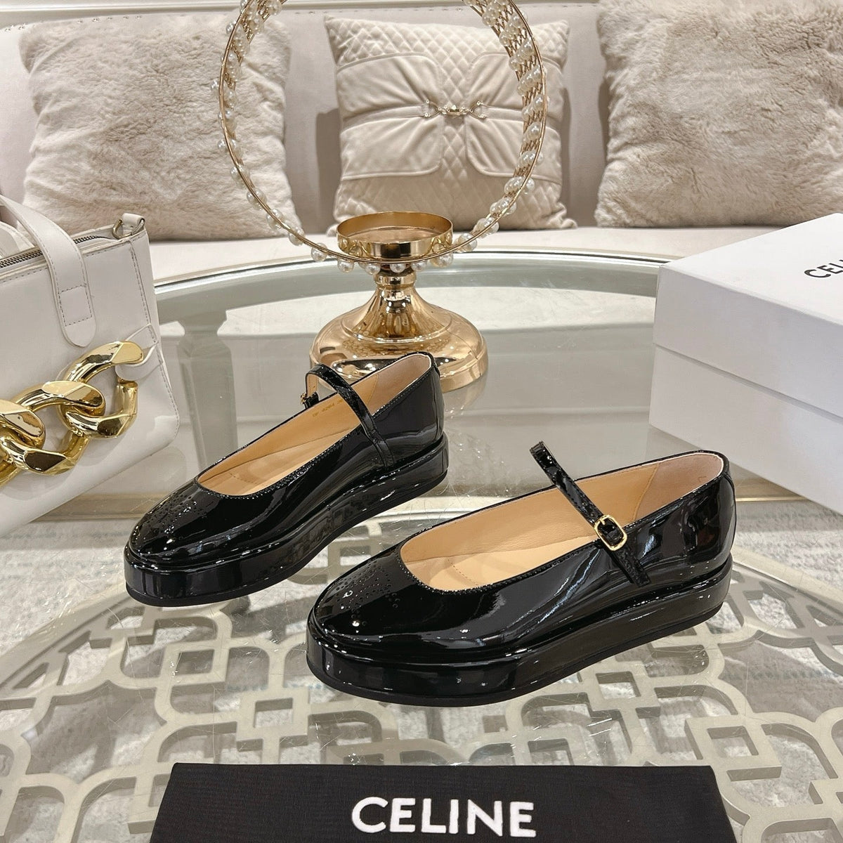 CLARA WEDGE MARY-JANE BALLERINA IN BLACK PATENT CALFSKIN