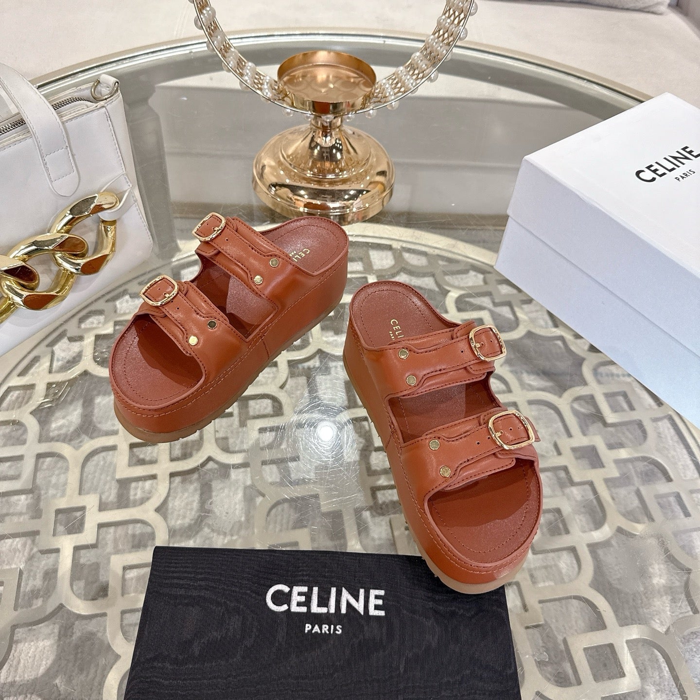 POLLY WEDGE MULE IN TAN BROWN SHINY CALFSKIN