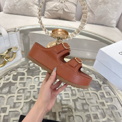 POLLY WEDGE MULE IN TAN BROWN SHINY CALFSKIN