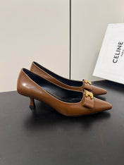 TRIOMPHE POINTED-TOE HIGH PUMPS IN BROWN SHINY CALFSKIN