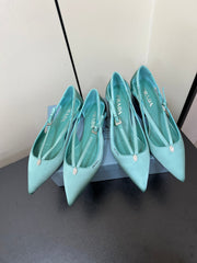 CUT-OUT PUMPS WITH BEAD BUCKLE IN TURQUOISE BLUE SATIN