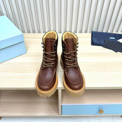 PRADA 25S LACE-UP ANKLE BOOTS IN DARK BROWN CALFSKIN