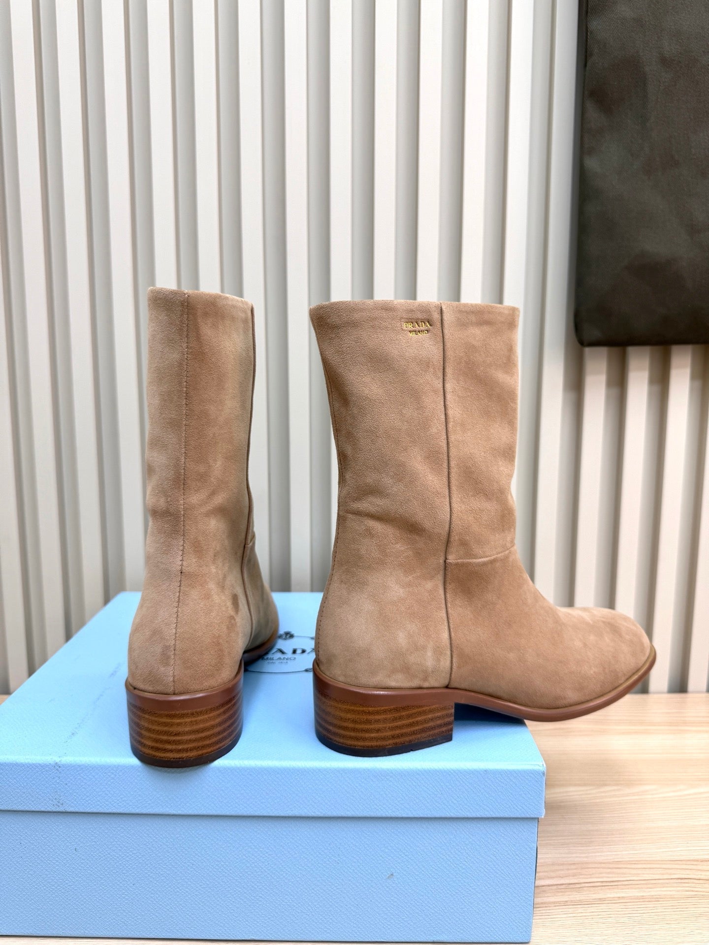 PRADA 25S LOW-CUT BOOTS IN LIGHT CARAMEL BROWN SUEDE