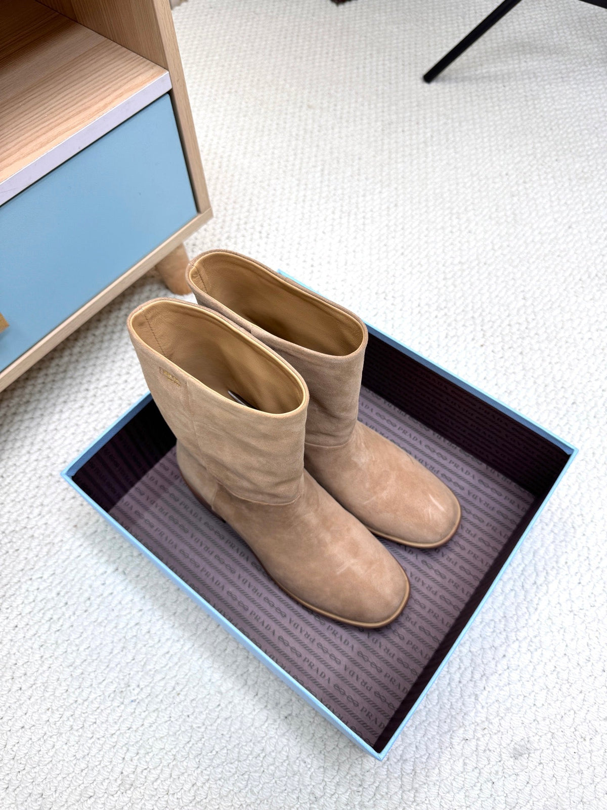 PRADA 25S LOW-CUT BOOTS IN LIGHT CARAMEL BROWN SUEDE