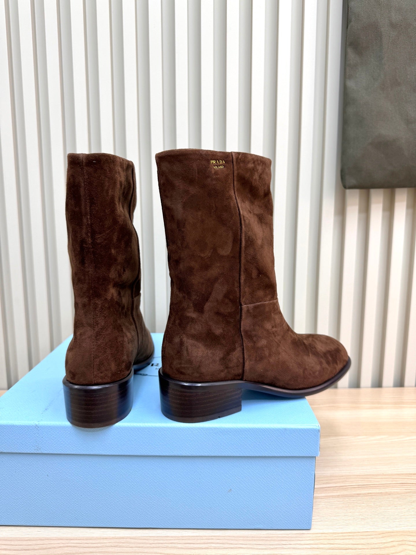 PRADA 25S LOW-CUT BOOTS IN DARK BROWN SUEDE