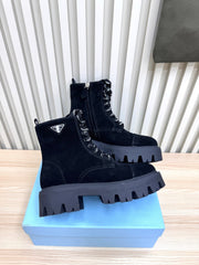PRADA 25S MONOLITH BOOTS IN BLACK SUEDE