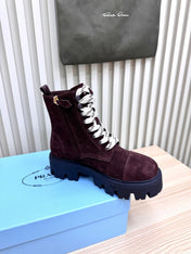 PRADA 25S MONOLITH BOOTS IN DARK PLUM BROWN SUEDE