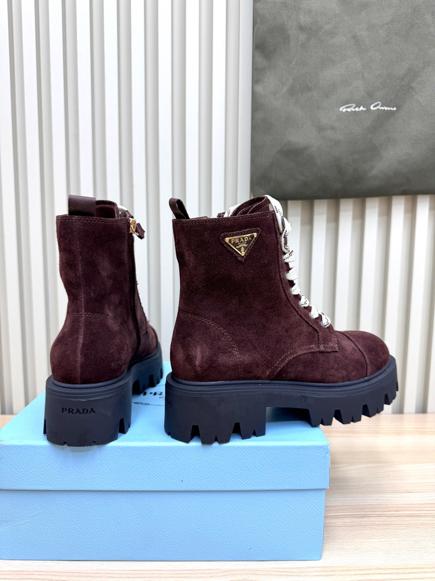 PRADA 25S MONOLITH BOOTS IN DARK PLUM BROWN SUEDE