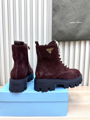 PRADA 25S MONOLITH BOOTS IN DARK PLUM BROWN SUEDE