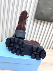 PRADA 25S MONOLITH BOOTS IN DARK PLUM BROWN SUEDE