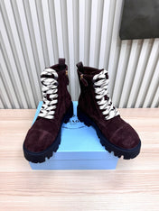 PRADA 25S MONOLITH BOOTS IN DARK PLUM BROWN SUEDE