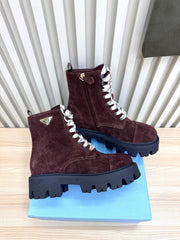 PRADA 25S MONOLITH BOOTS IN DARK PLUM BROWN SUEDE