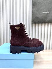 PRADA 25S MONOLITH BOOTS IN DARK PLUM BROWN SUEDE