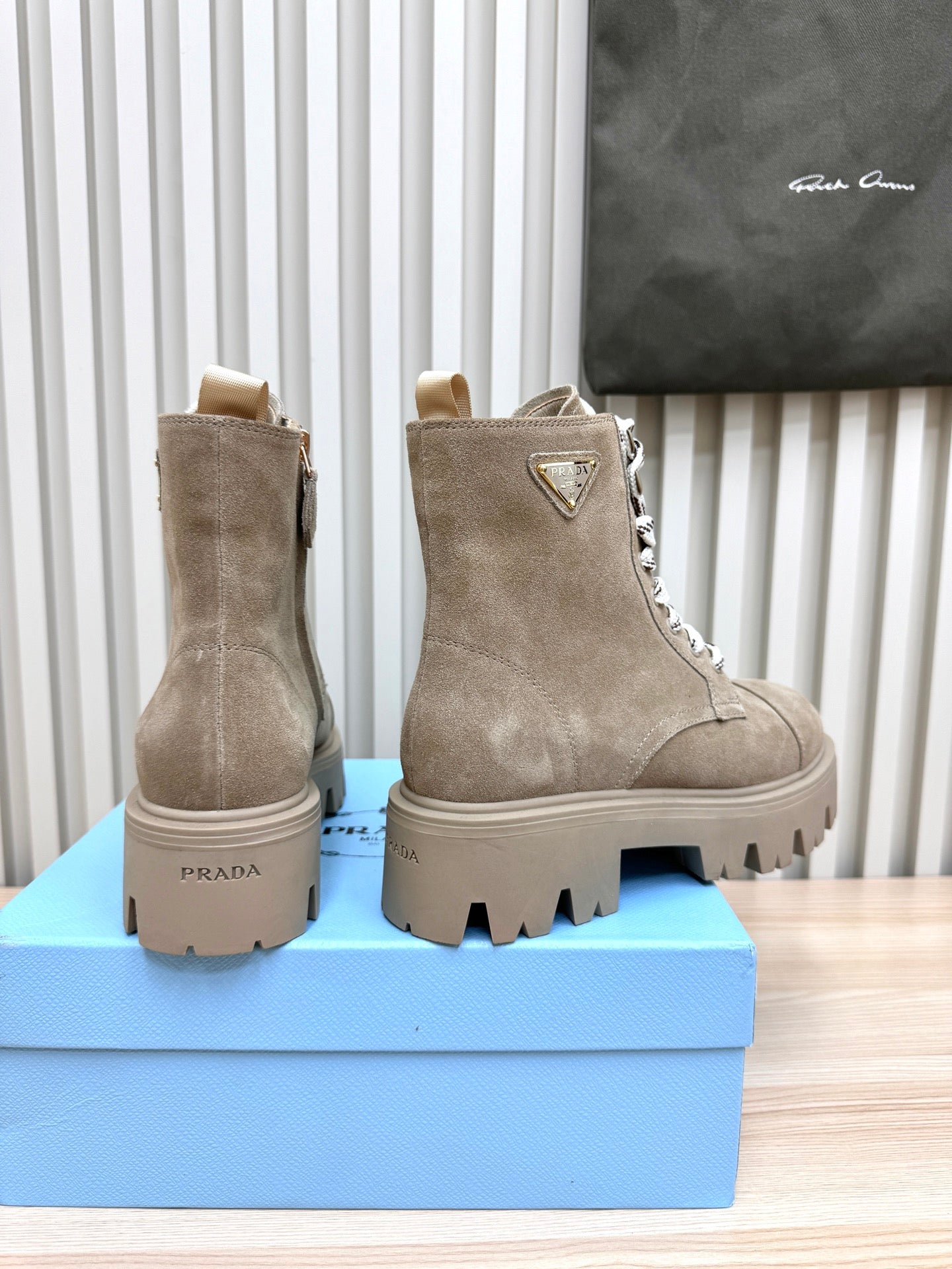 PRADA 25S MONOLITH BOOTS IN MUTED KHAKI BROWN SUEDE