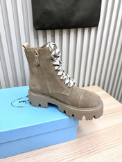 PRADA 25S MONOLITH BOOTS IN MUTED KHAKI BROWN SUEDE