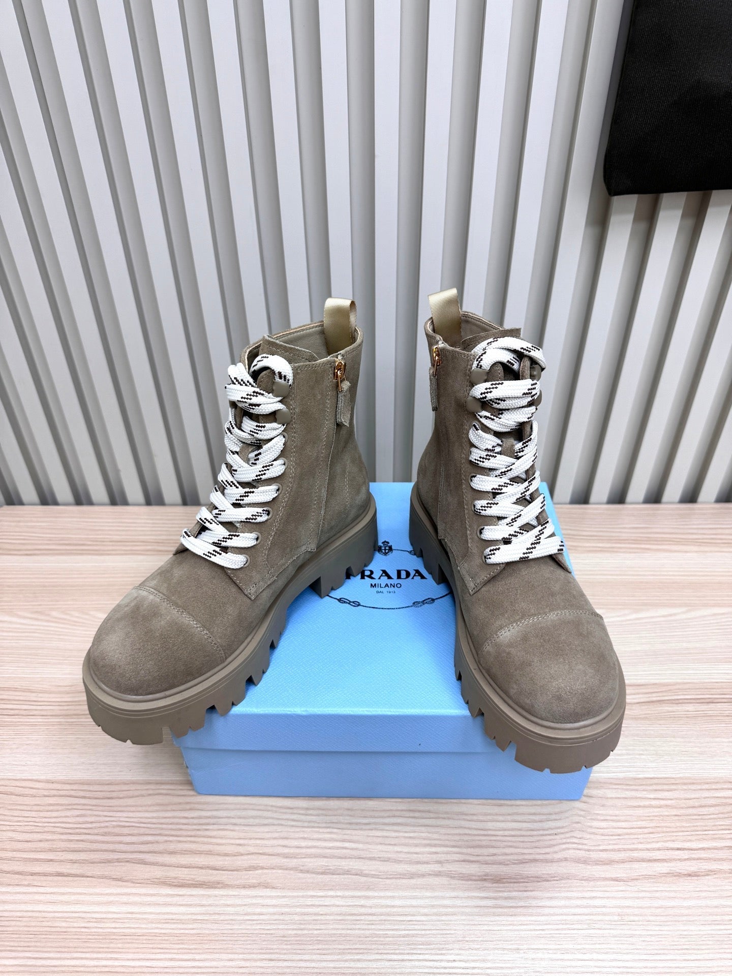PRADA 25S MONOLITH BOOTS IN MUTED KHAKI BROWN SUEDE