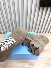 PRADA 25S MONOLITH BOOTS IN MUTED KHAKI BROWN SUEDE
