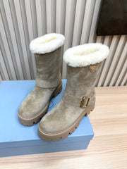PRADA 25S MARTIN BOOTS IN BEIGE GRAY SUEDE FUR-LINED