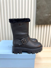 PRADA 25S MARTIN BOOTS IN BLACK CALFSKIN FUR-LINED