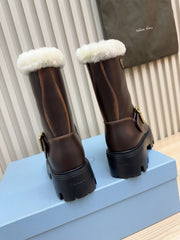 PRADA 25S MARTIN BOOTS IN DARK BROWN CALFSKIN FUR-LINED