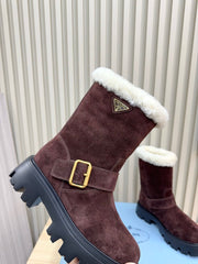 PRADA 25S MARTIN BOOTS IN DARK BURGUNDY BROWN SUEDE FUR-LINED