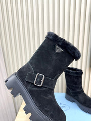 PRADA 25S MARTIN BOOTS IN DARK NAVY BLUE SUEDE FUR-LINED