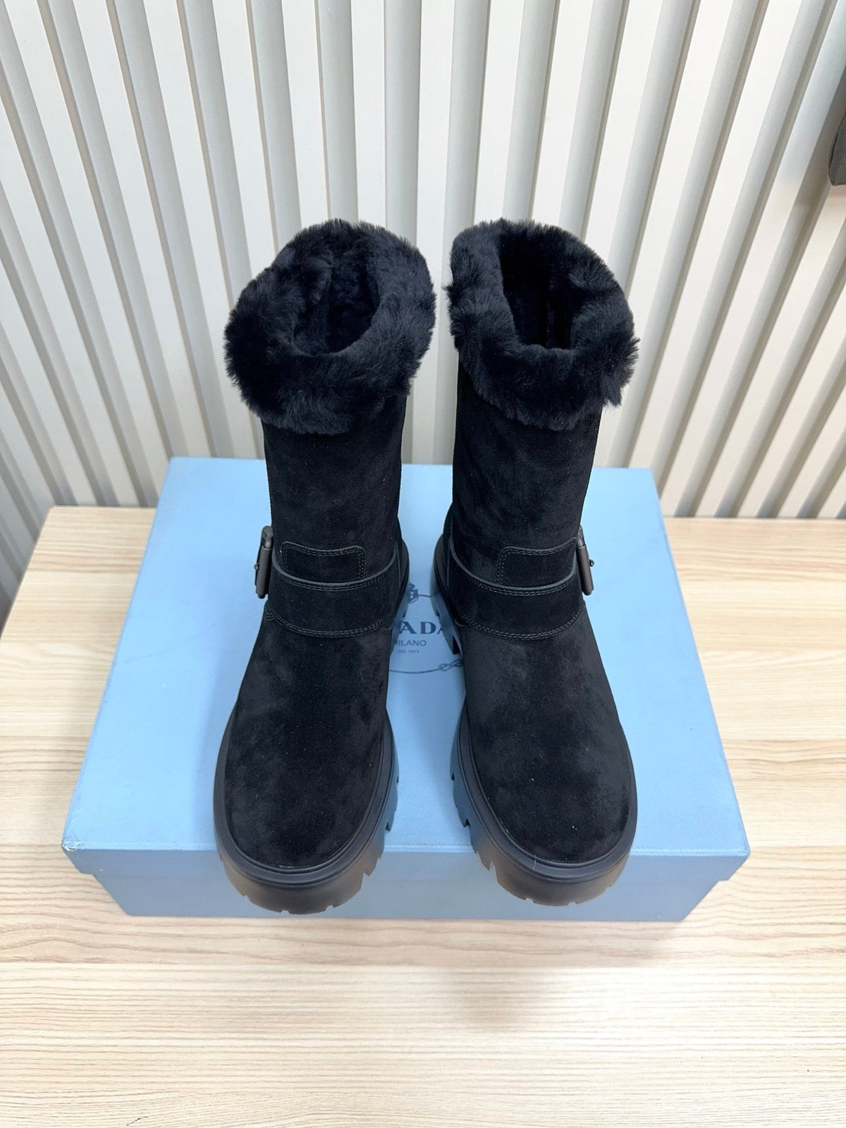 PRADA 25S MARTIN BOOTS IN DARK NAVY BLUE SUEDE FUR-LINED