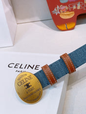 CELINE 26S BELT 25 MM IN BLUE DENIM AND BROWN CALFSKIN 631595