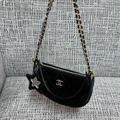CHANEL 26S STAR CHARM HALF MOON SHOULDER BAG 20 IN BLACK SATIN GOLD HARDWARE