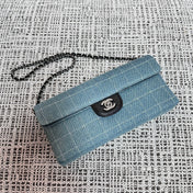 CHANEL 26S FLAP BAG 26 IN BLUE DENIM AND BLACK CALFSKIN DARK SILVER HARDWARE