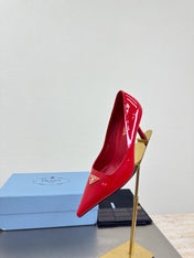 PRADA 26S POINTED TOE PUMPS 75MM IN RED PATENT CALFSKIN