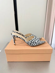 GIANVITO ROSSI 26S POINTED-TOE SANDALS 90 MM IN BLACK AND WHITE LEOPARD PRINT LEATHER 