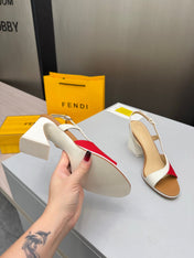 FENDI 26S SLINGBACK SANDALS IN WHITE CALFSKIN AND RED CANVAS