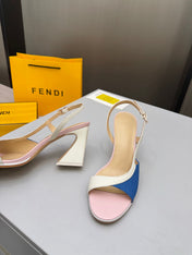 FENDI 26S SLINGBACK SANDALS IN WHITE CALFSKIN AND BLUE CANVAS